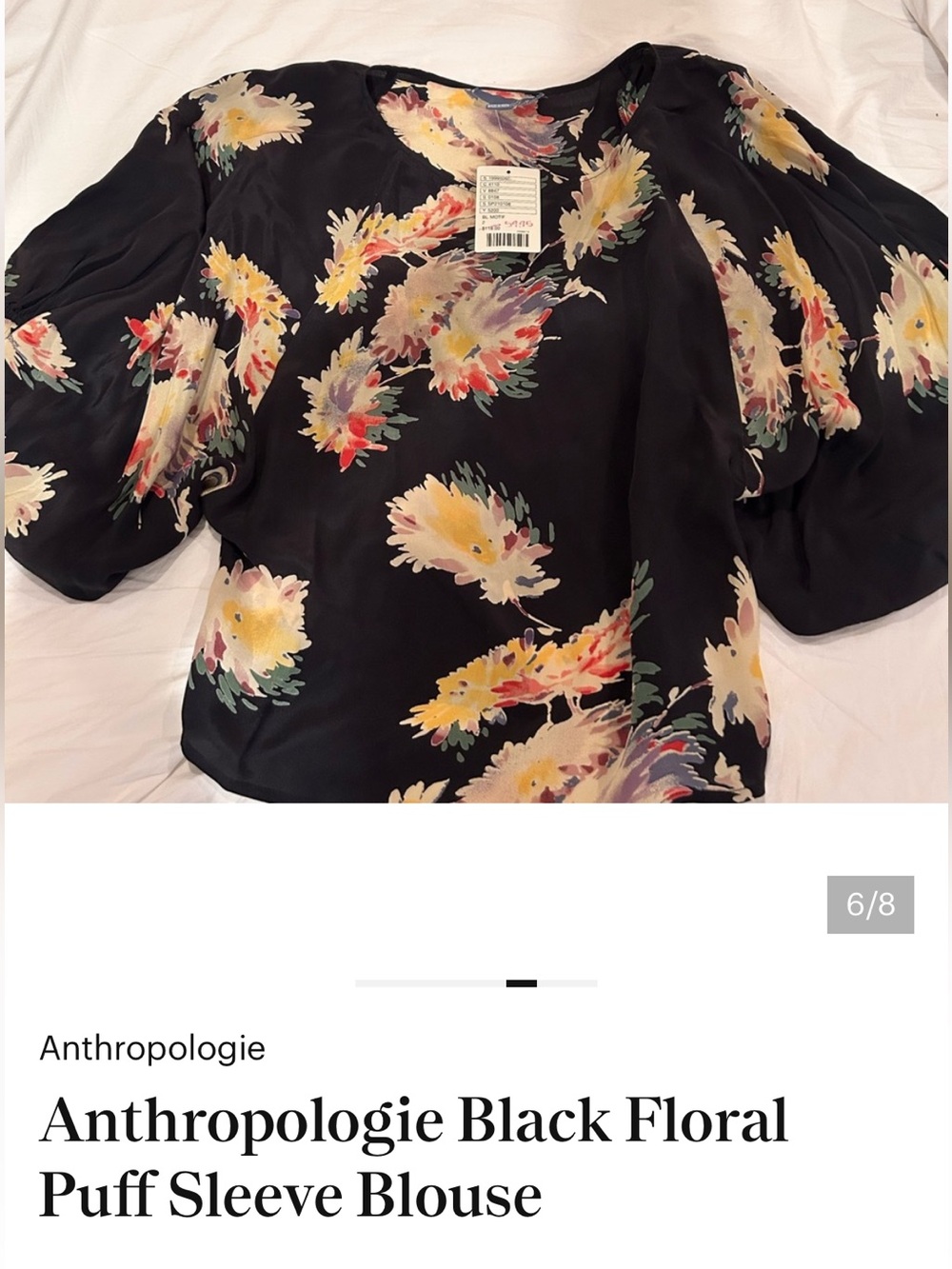Anthropologie Black Floral Puff-Sleeve Blouse with Yellow & Pink Accents. Silk
